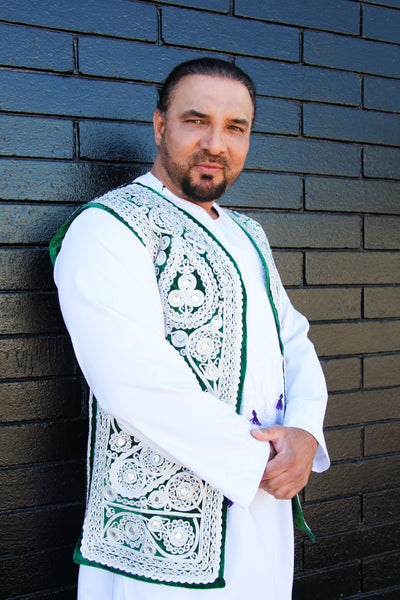Afghan Vest for Men in Green and Silver