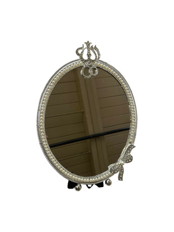 Silver Rhinestone Mirror with Bow Design - Oval