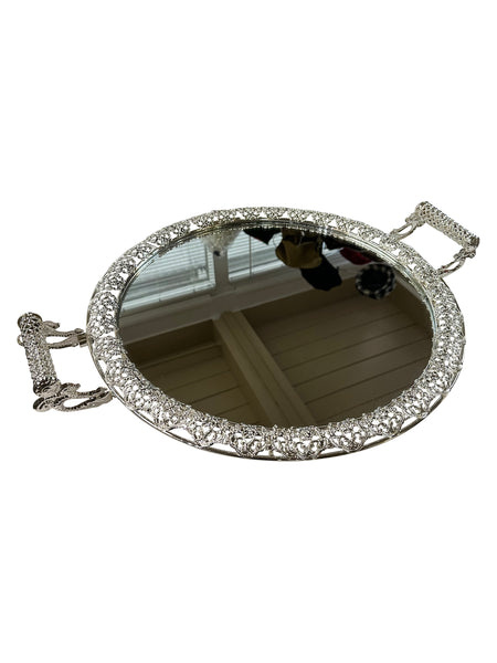 Round Tray With Handles and Mirror in Silver