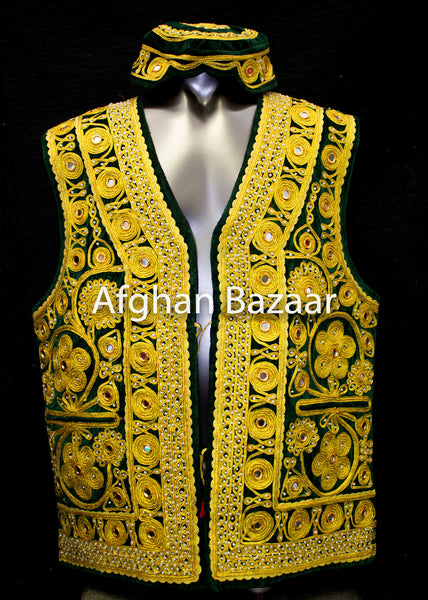 Black Velvet Vest with Extensive Chirma Dozee and Mirrors - Afghan Bazaar