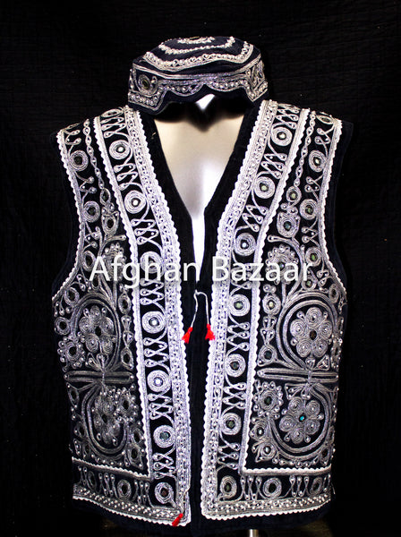 Black Velvet Vest with Extensive Silver Chirma Dozee with Mirrors - Afghan Bazaar