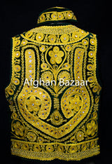 Black Velvet Vest with Gold Chirma Dozee with Mirrors - Afghan Bazaar