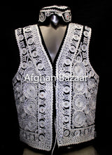Black Velvet Vest with Silver Chirma Dozee with Mirrors - Afghan Bazaar