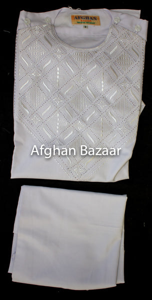 Afghan Boys Clothing White with White Embroidery - Afghan Bazaar