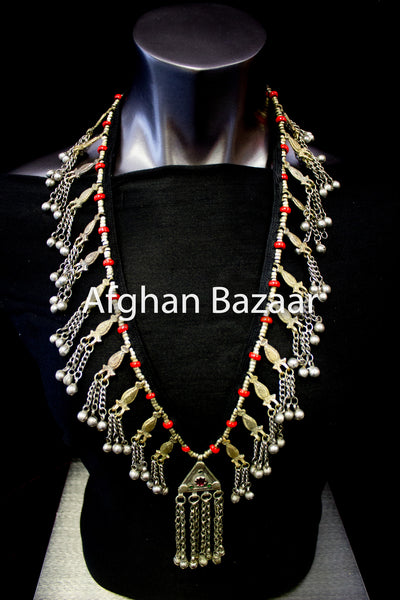 Long Antique Afghan Necklace with Faux Coral - Afghan Bazaar