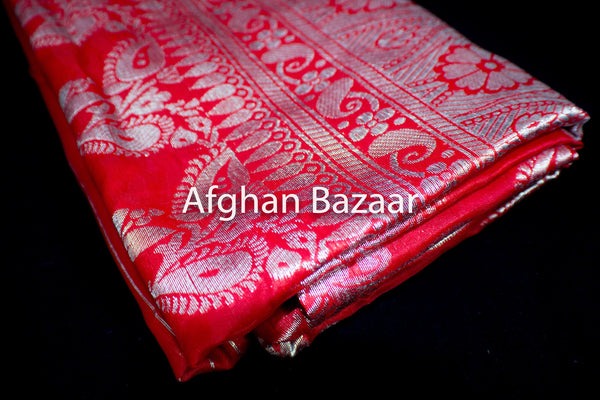 Red and Silver Shawl Banarasi - Afghan Bazaar