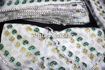 White with Green, Yellow, Sillver Pattern Henna Wrap with Mirror Cover and Koran Cover - Afghan Bazaar